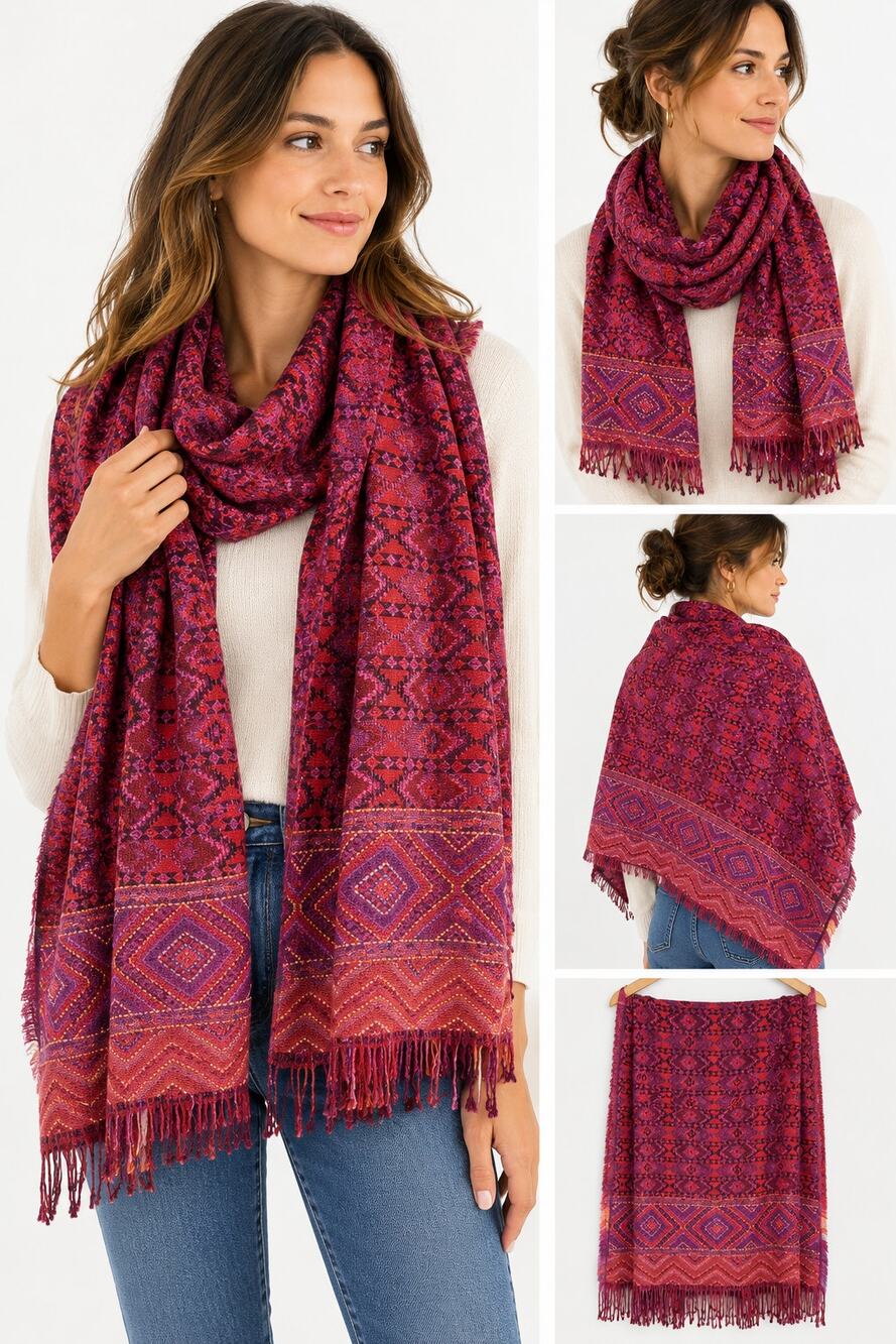 Vismaya Woven Scarf Wrap Burgundy Red Boho Geometric Fringe 25x70